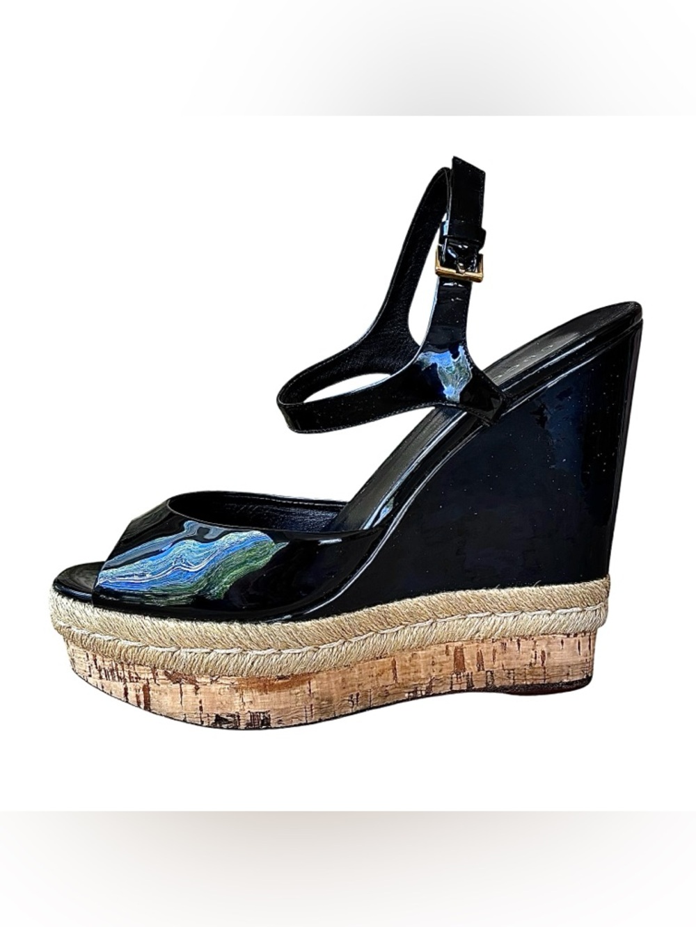 🌹GUCCI Black Patent Leather & Cork Platform Wedge Sandals🌹 - Picture 8 of 13